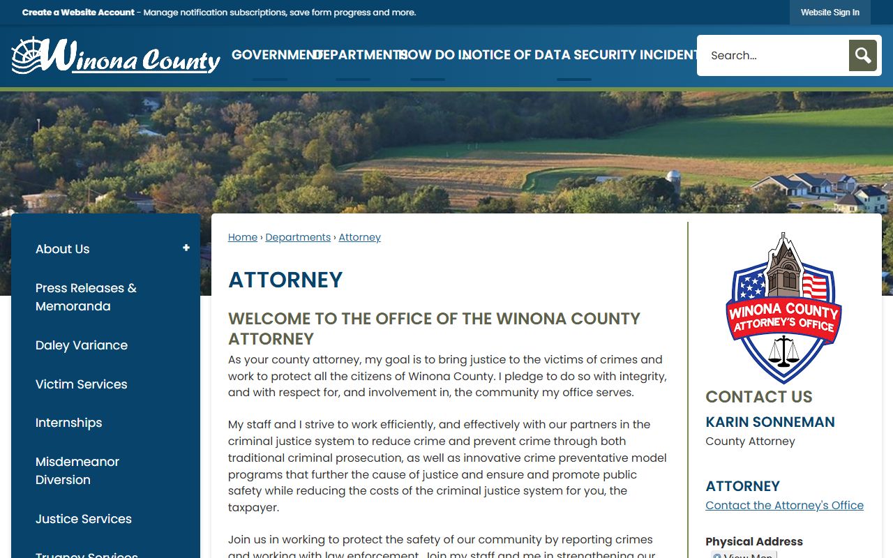 Winona County Attorney page for court records after jail arrest