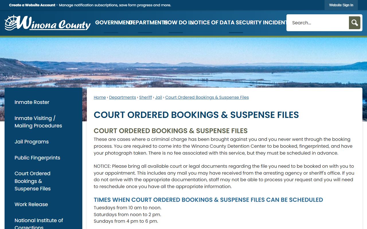 Winona County court-ordered booking page for booking photo records